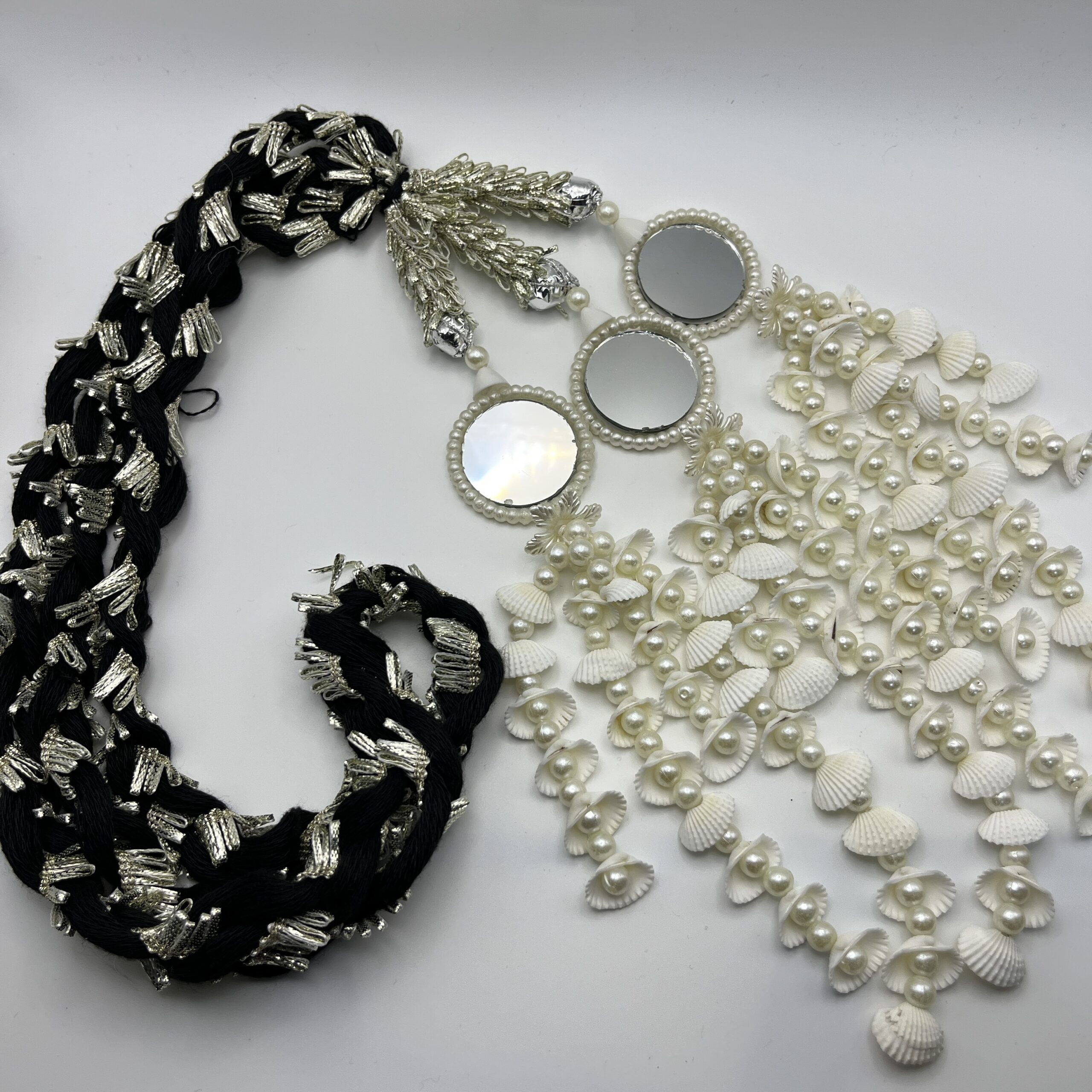 Silver & White Toned Paranda with Round Mirrors, Shells & Pearls
