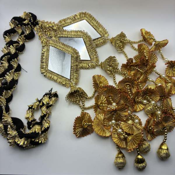 Gold Coloured Paranda with Diamond Shaped Mirrors, Pearl Beading
