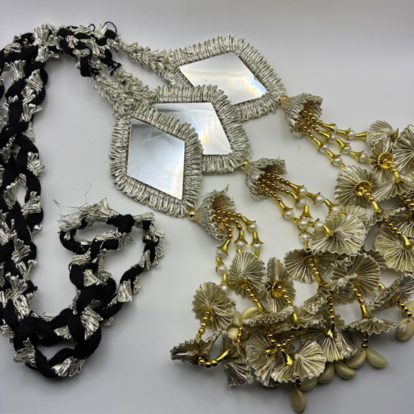 Silver Coloured Paranda with Diamond Mirrors, Gold Coloured Pearl Beading and Kaudi Cowrie Shells