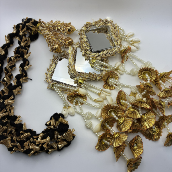 Gold Coloured Paranda with Square Shaped Mirrors and Kaudi Cowrie Shells and Pearls