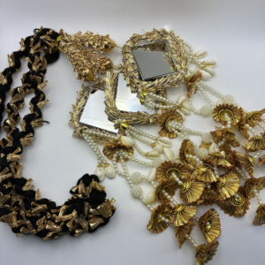 Gold Coloured Paranda with Square Shaped Mirrors and Kaudi Cowrie Shells and Pearls