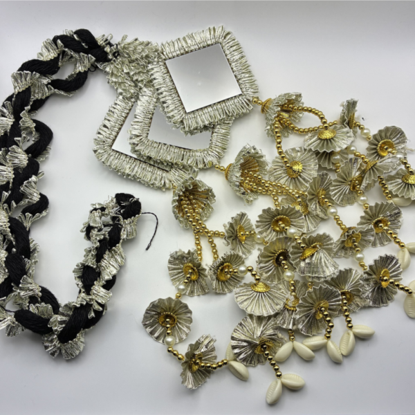 Silver Coloured Paranda with Square Mirrors, Gold Coloured Beading and Kaudi Cowrie Shells